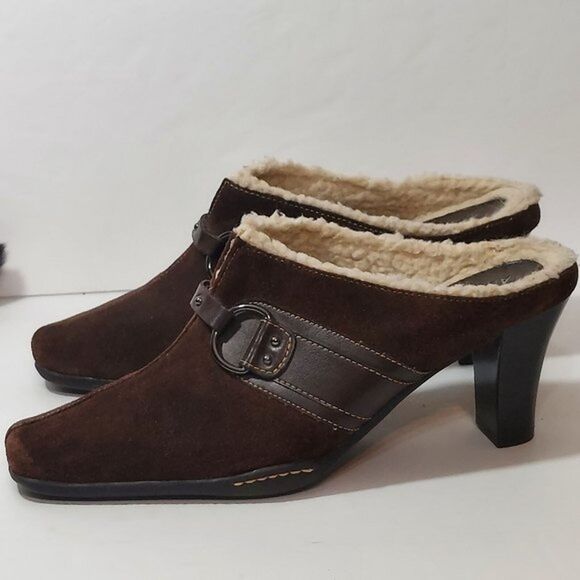 AEROSOLES Womens Mules Size 9M Brown Suede and Vegan Leather Heel Clogs Fleece - Picture 4 of 9
